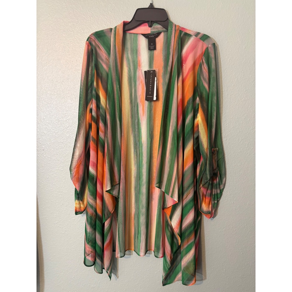 Investments Woman 1X Mesh Cardigan Abstract Stripe Roll Tab Sleeve Open Front